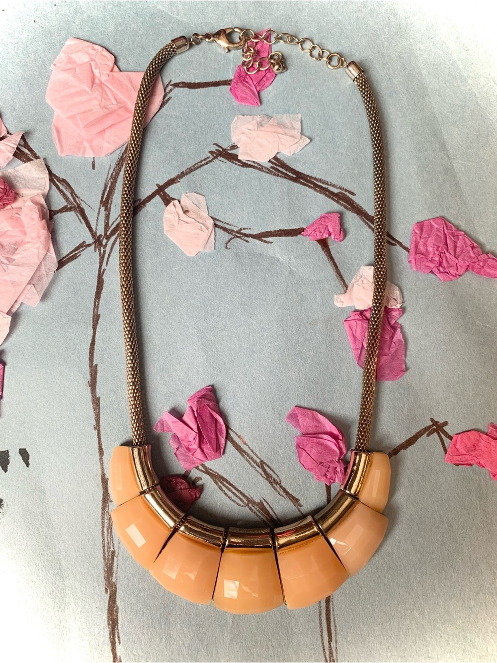 Peach checkerboard cabochon vintage necklace